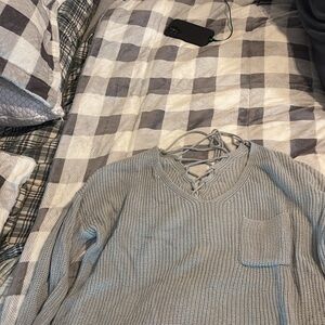 Men's Gray Sweater with Lace-Up Neck